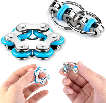 Metal bike chain roller and buckle spinners in silver and light blue